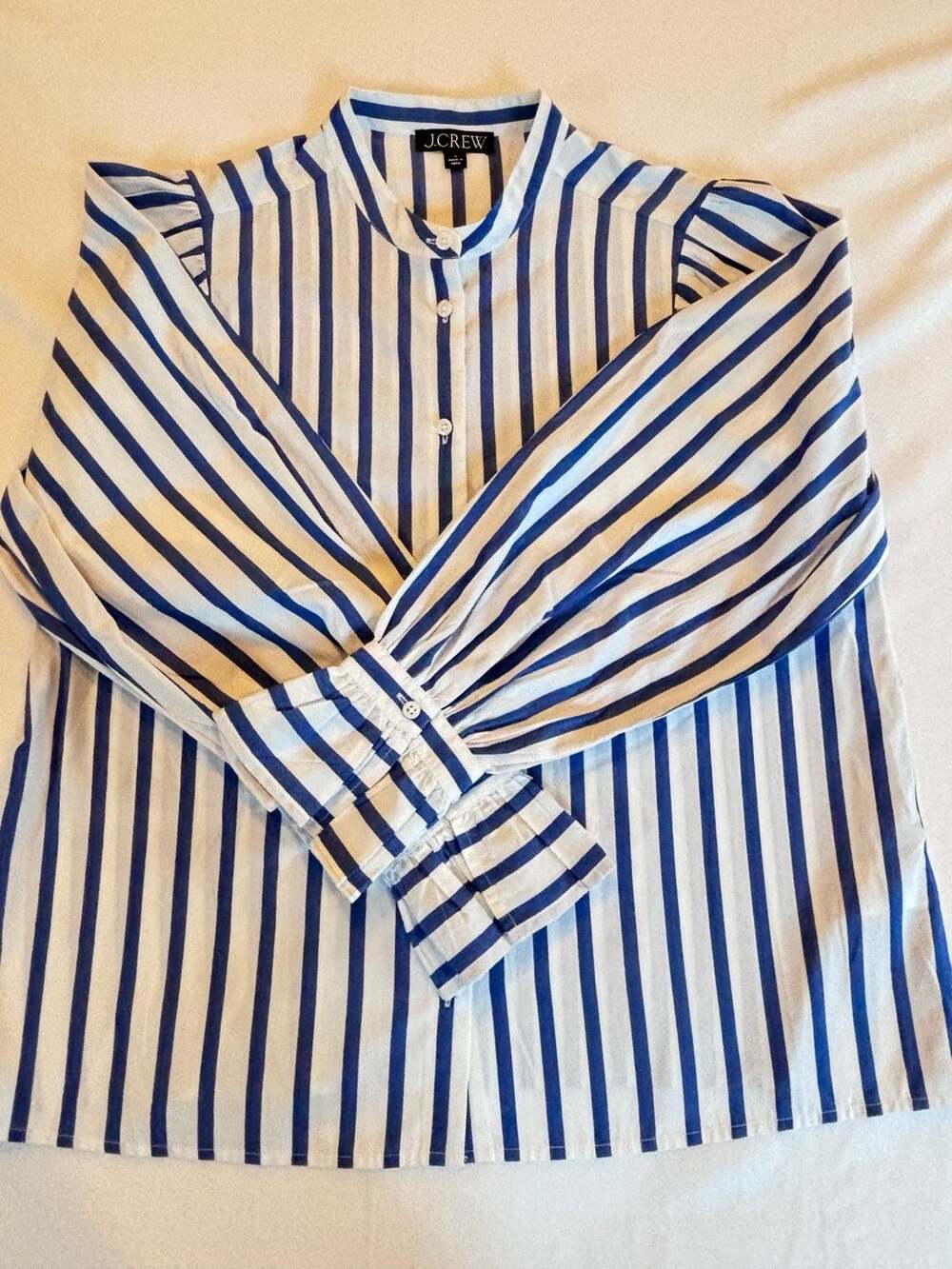 J. Crew Womens Blue and White Striped Band Collar Ruffle Cuff  Size S